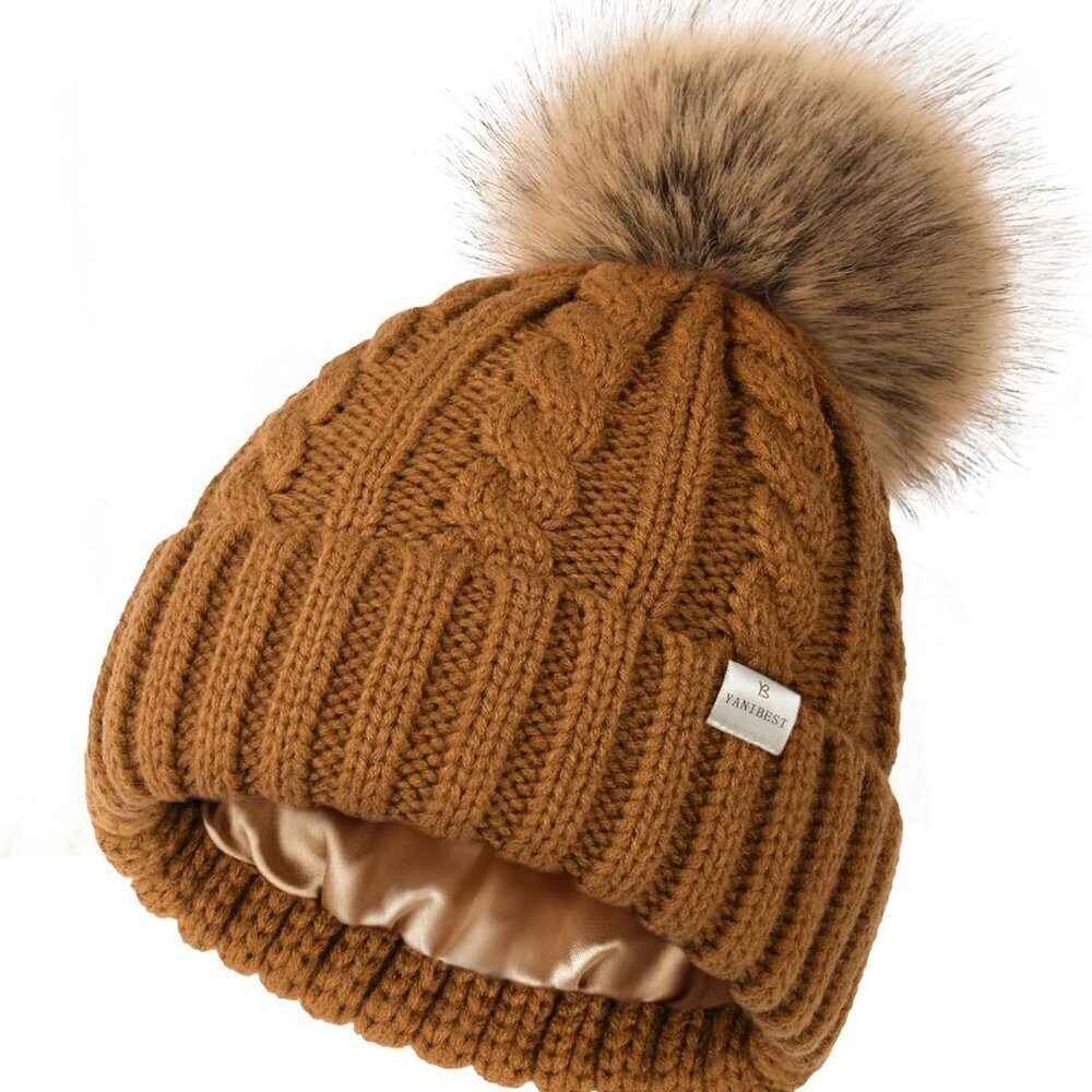 Womens Winter Beanie Hat Satin Lined Knitted Beanie Hat Warm Soft Ski Cuff Cap